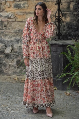 Lange Jurk - Beige - Beige en rood