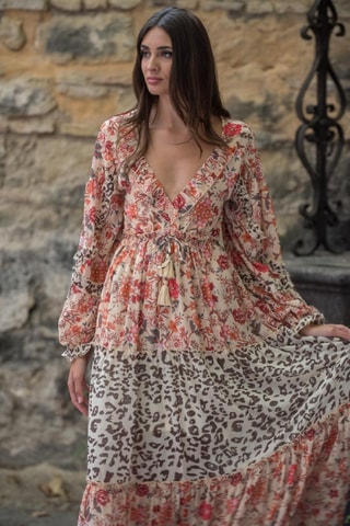 Lange Jurk - Beige - Beige en rood