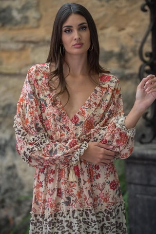 Lange Jurk - Beige - Beige en rood