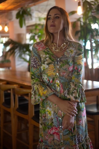 Lange Jurk - Groen - Groen, geel en roze