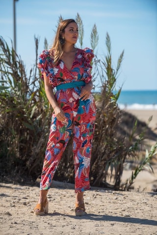 Zijden Jumpsuit - Rood - Wit, rood en blauw