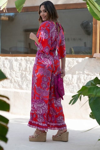 Zijden Jumpsuit - Rood - Rood en roze