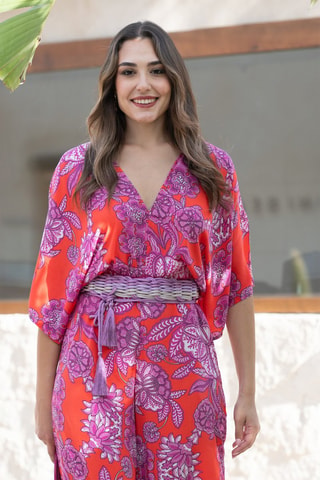 Zijden Jumpsuit - Rood - Rood en roze
