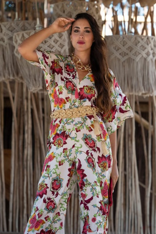 Zijden Jumpsuit - Wit - Wit en rood
