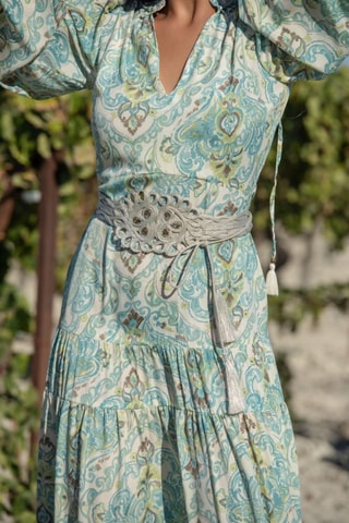 Lange Zijden Jurk - Blauw - Wit, blauw en groen