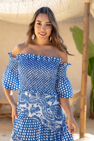 Zijden Top - Blauw - Wit en blauw