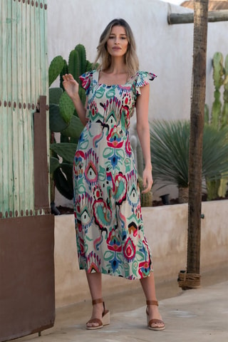 Midi-jurk - Ecru - Wit en multicolor