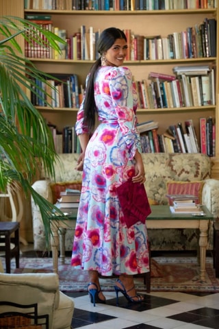 Lange Jurk - Wit - Wit, rood en roze