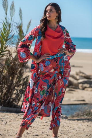 Zijden Kimono - Rood - Rood, blauw en groen