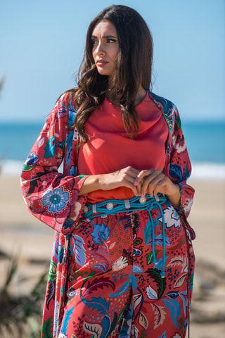 Zijden Kimono - Rood - Rood, blauw en groen