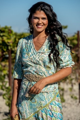 Zijden Top - Groen - Beige, blauw en groen