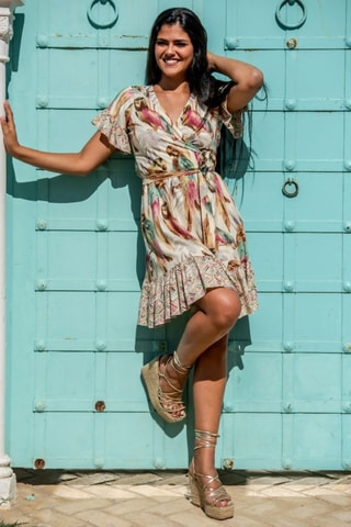 Jurk - Beige - Beige, groen en roze