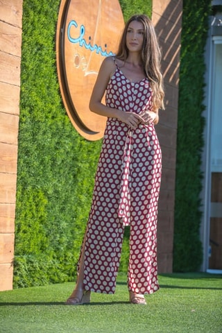 Zijden Jumpsuit - Bordeauxrood - Beige en rood