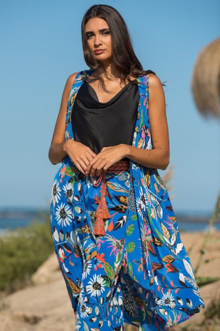 Mouwloos Zijden Vest - Blauw - Wit, zwart en blauw