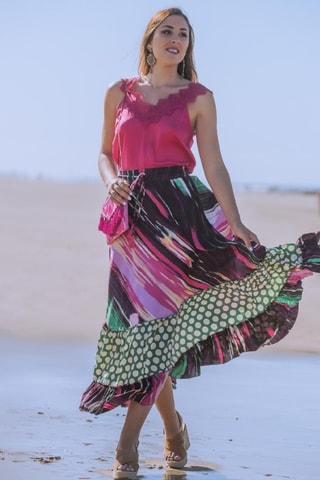 Lange Zijden Rok - Roze - Groen en roze