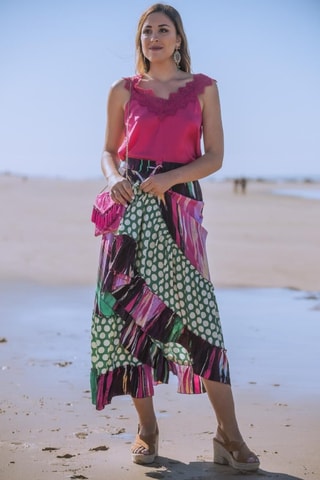 Lange Zijden Rok - Roze - Groen en roze