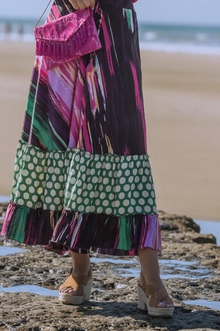 Lange Zijden Rok - Roze - Groen en roze