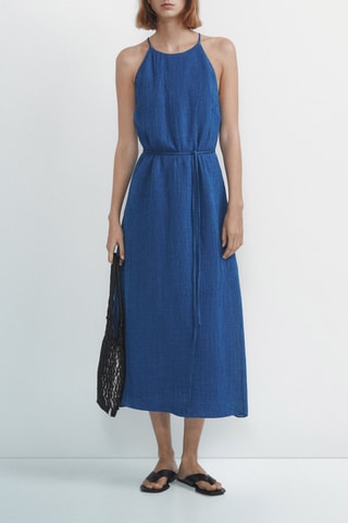 Vestido com gola americana em linho misturado com relevo - Azul