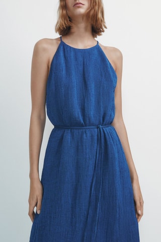 Vestido com gola americana em linho misturado com relevo - Azul