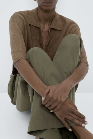 Pull col polo boutons 100% lin - Vert olive