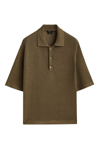 Pull col polo boutons 100% lin - Vert olive