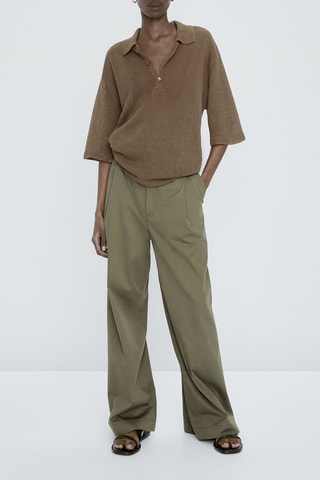 Pull col polo boutons 100% lin - Vert olive