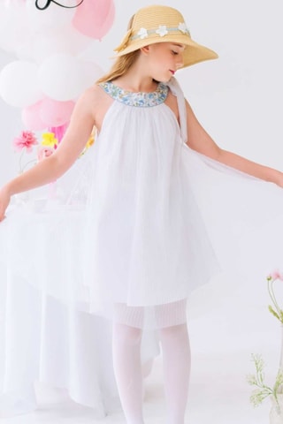 Vestido plisado - Blanco, azul y amarillo