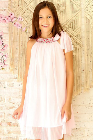 Vestido plisado - Blanco y rosa