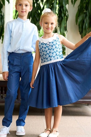 Vestido plisado - Blanco y azul
