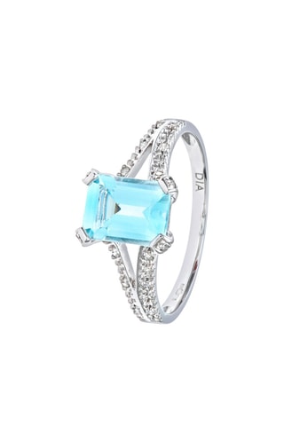 Anillo - Oro blanco, diamantes y aguamarina