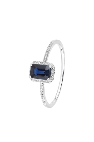 Anillo - Oro blanco, diamantes y zafiro