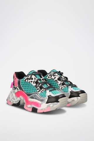 Leren Platform Sneakers     - Groen en zilverkleurig