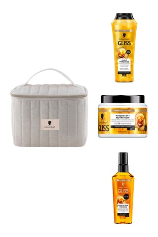 Shampoing Huile Précieuse Gliss - Cheveux secs et rêches - 250 ml, Masque 4-en-1 Nutrition Gliss - Cheveux secs et rêches - 400 ml, Trousse de toilette - Ecru et Elixir Huile de Soin Précieuse Gliss - Cheveu