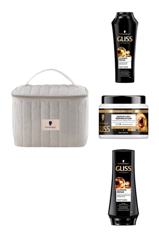 Shampoing Ultimate Repair Gliss - Cheveux secs et abimés - 250 ml, Après-shampoing réparation Gliss - Ultimate repair - 200 ml, Masque 4-en-1 Réparation Gliss - Cheveux secs et abîmés - 400 ml et Trousse de toilette - Ecru