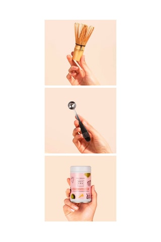 Thé Matcha Fraise 80 g, Cuillère doseuse en acier inoxydable et Fouet en bambou Chasen