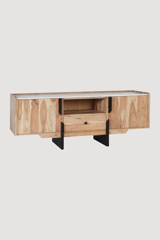 Meuble TV 2 portes en acacia massif et marbre - 145 x 54 x 40 cm