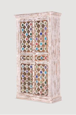 Armoire 4 portes et 2 tiroirs en manguier, bronze et céramique - 100 x 185 x 40 cm