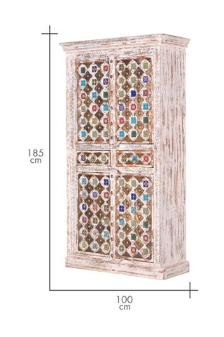 Armoire 4 portes et 2 tiroirs en manguier, bronze et céramique - 100 x 185 x 40 cm