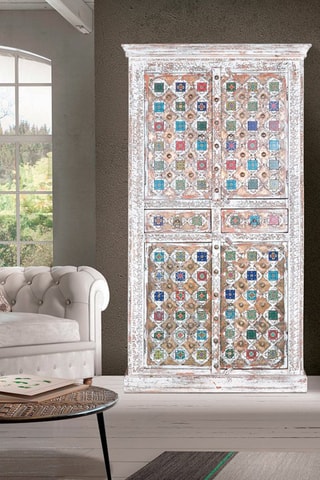 Armoire 4 portes et 2 tiroirs en manguier, bronze et céramique - 100 x 185 x 40 cm