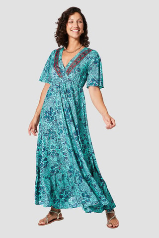 Lange Jurk - Goudkleurig en turquoise