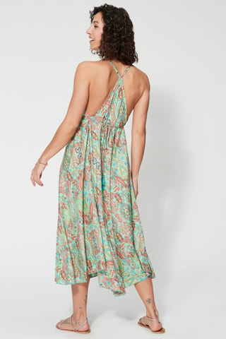 Midi-jurk met ruches - Groen en roze