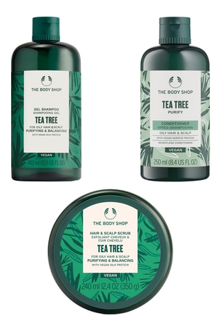 Champú, acondicionador y exfoliante capilar Tea Tree - Cabello y cuero cabelludo graso - 400, 250 y 240 ml