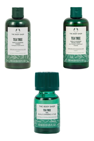 Limpiador purificante, loción tónica purificante y aceite facial Tea Tree - Piel con tendencia a imperfecciones - 2 x 250 ml y 10 ml