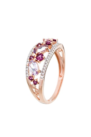 Anel Ouro rosa, diamantes, rodolitas e ametistas