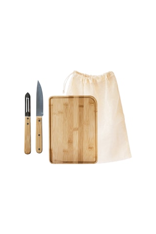 Coffret chef cuisinier en bambou, acier inoxydable et coton biologique - 4 pièces
