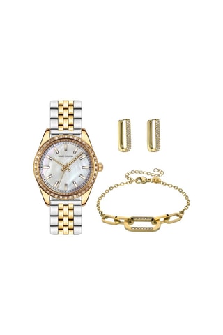 Cofanetto orologio al quarzo in acciaio e zirconi, orecchini e bracciale Tirana