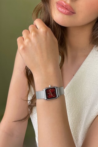 Orologio al quarzo in pelle, placcato Ion argento e diamante Olympe