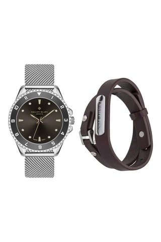 Cofanetto orologio al quarzo in acciaio e bracciale in pelle