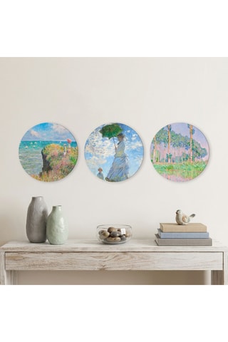 3 tableaux « La Femme à l'ombrelle », « Promenade sur la falaise à Pourville » et « Peupliers, effet rose » Claude Monet - 3 x (30 x 30 cm)
