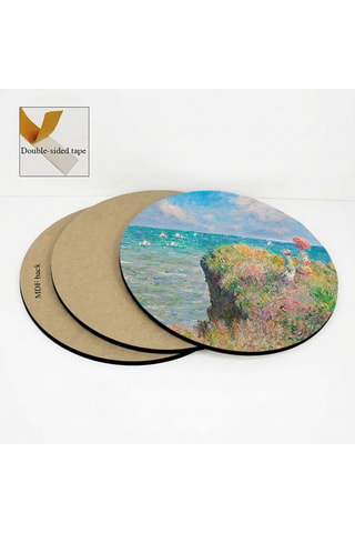3 tableaux « La Femme à l'ombrelle », « Promenade sur la falaise à Pourville » et « Peupliers, effet rose » Claude Monet - 3 x (30 x 30 cm)